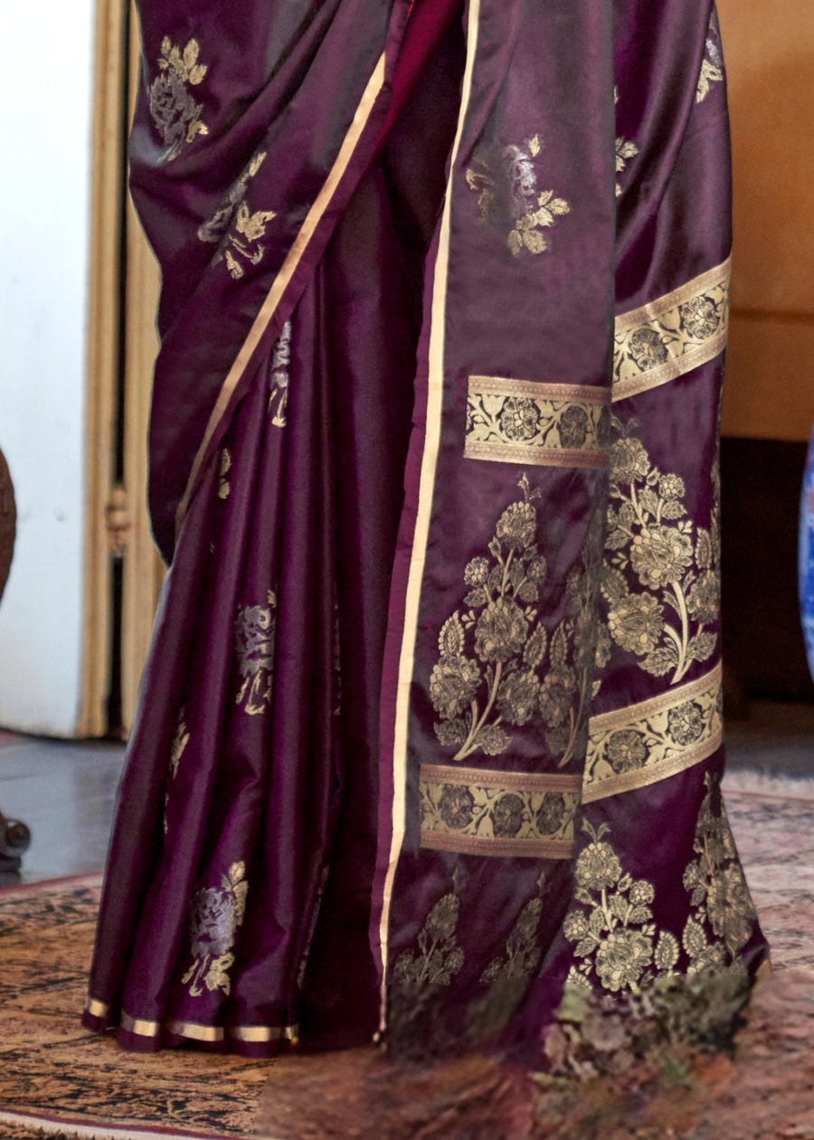 Pure Banarasi Satin Silk Chocolate Brown Handloom Saree