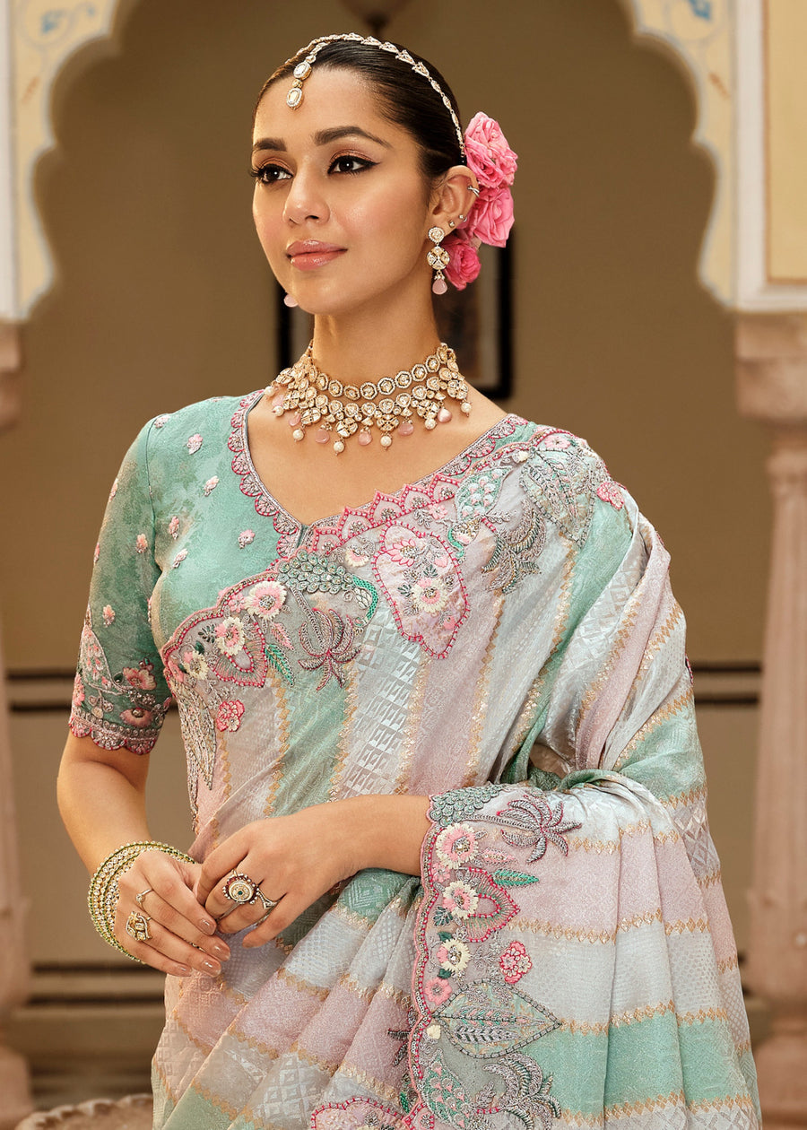 Pastel Green & Pink Soft Banarasi Silk Embroidered Saree