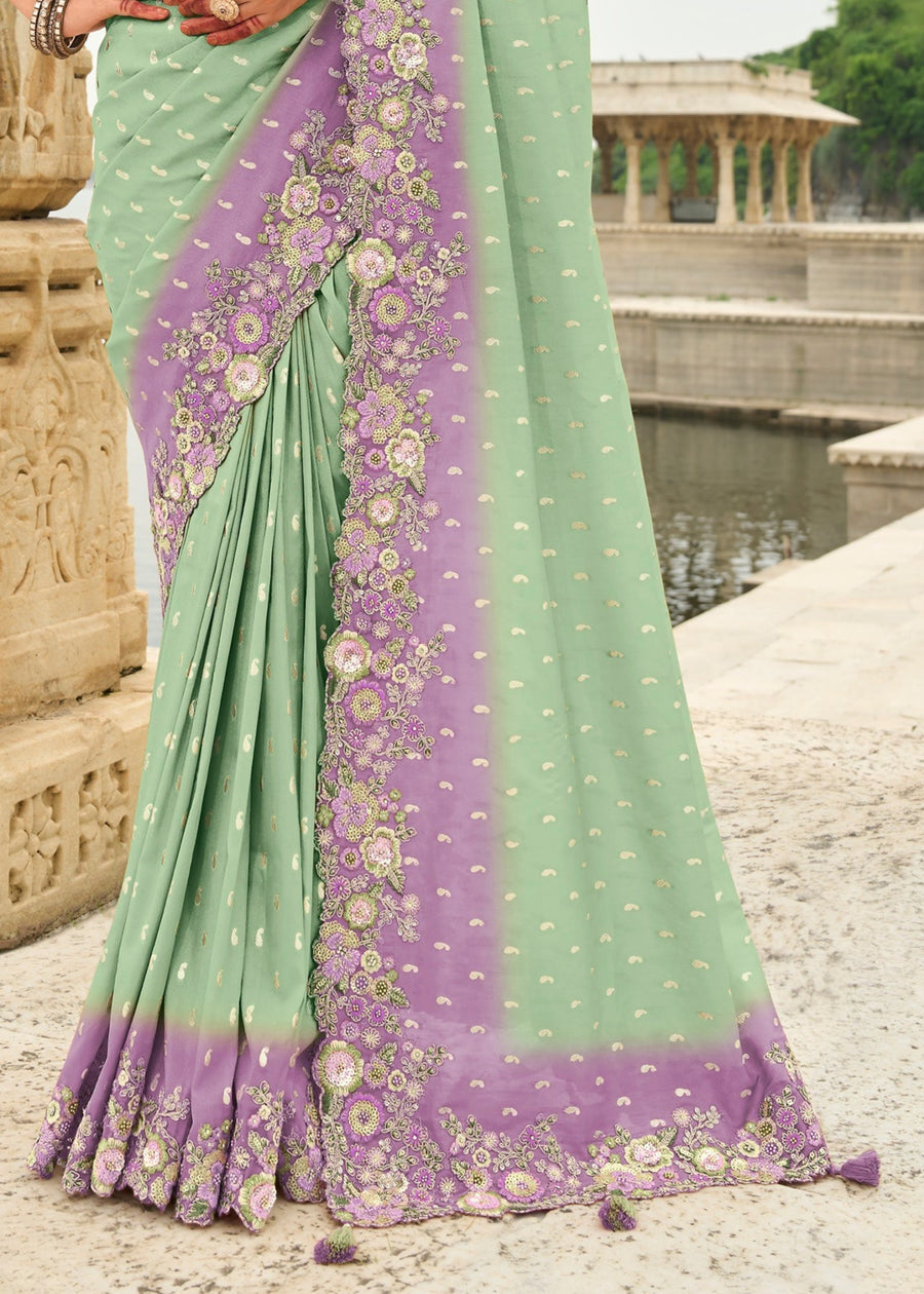Mint Green and Purple Soft Silk Fancy Saree with Embroidery Work