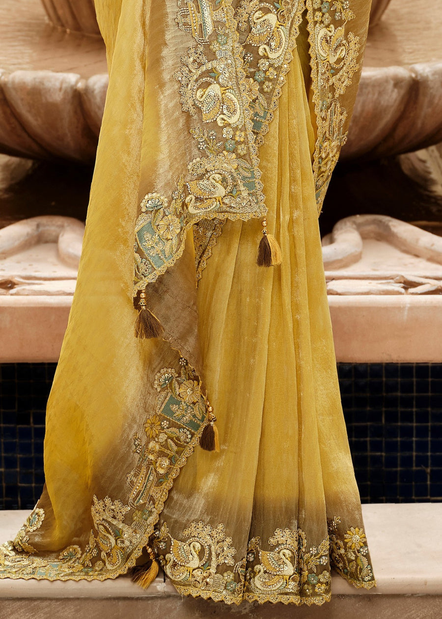 Yellow Soft Banarasi Silk Embroidered Saree