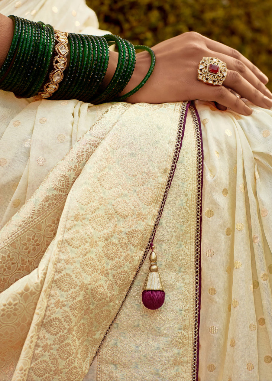 Dola Banarasi Silk Pearl White Saree With Contrast Wine Embroidered Blouse