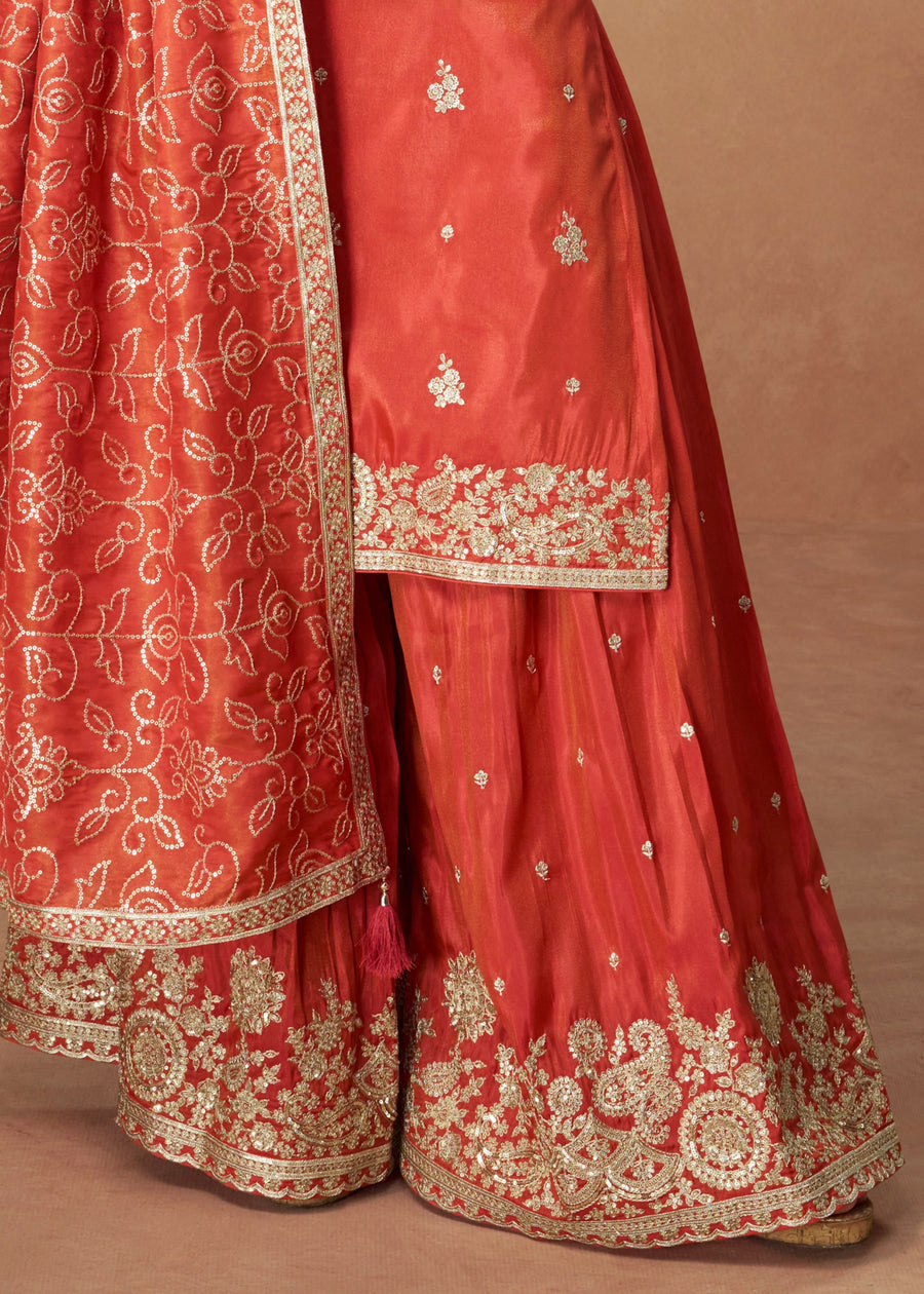 Orange Readymade Silk Suit Set With Dupatta