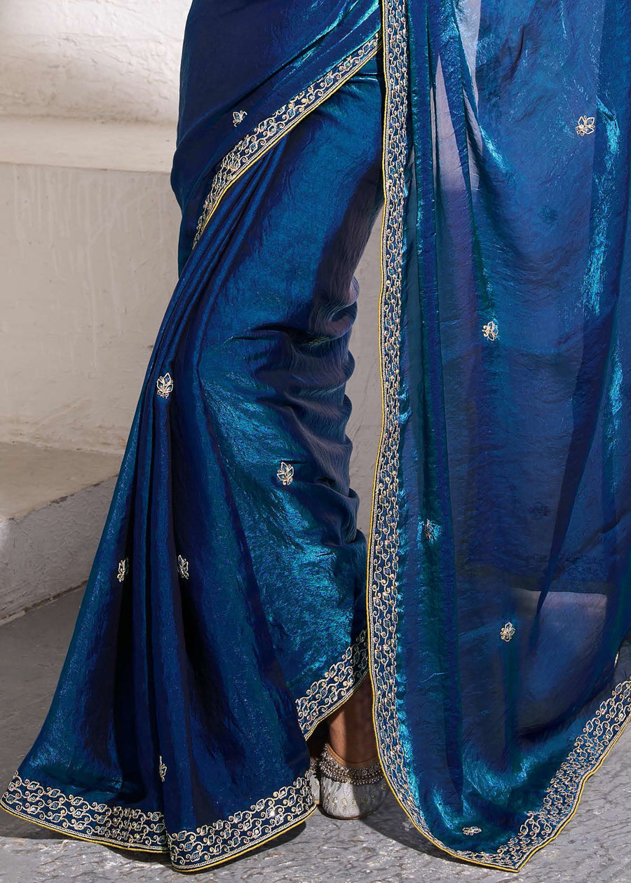 Crushed Tissue Royal Blue Embroidered Saree & Printed Blouse