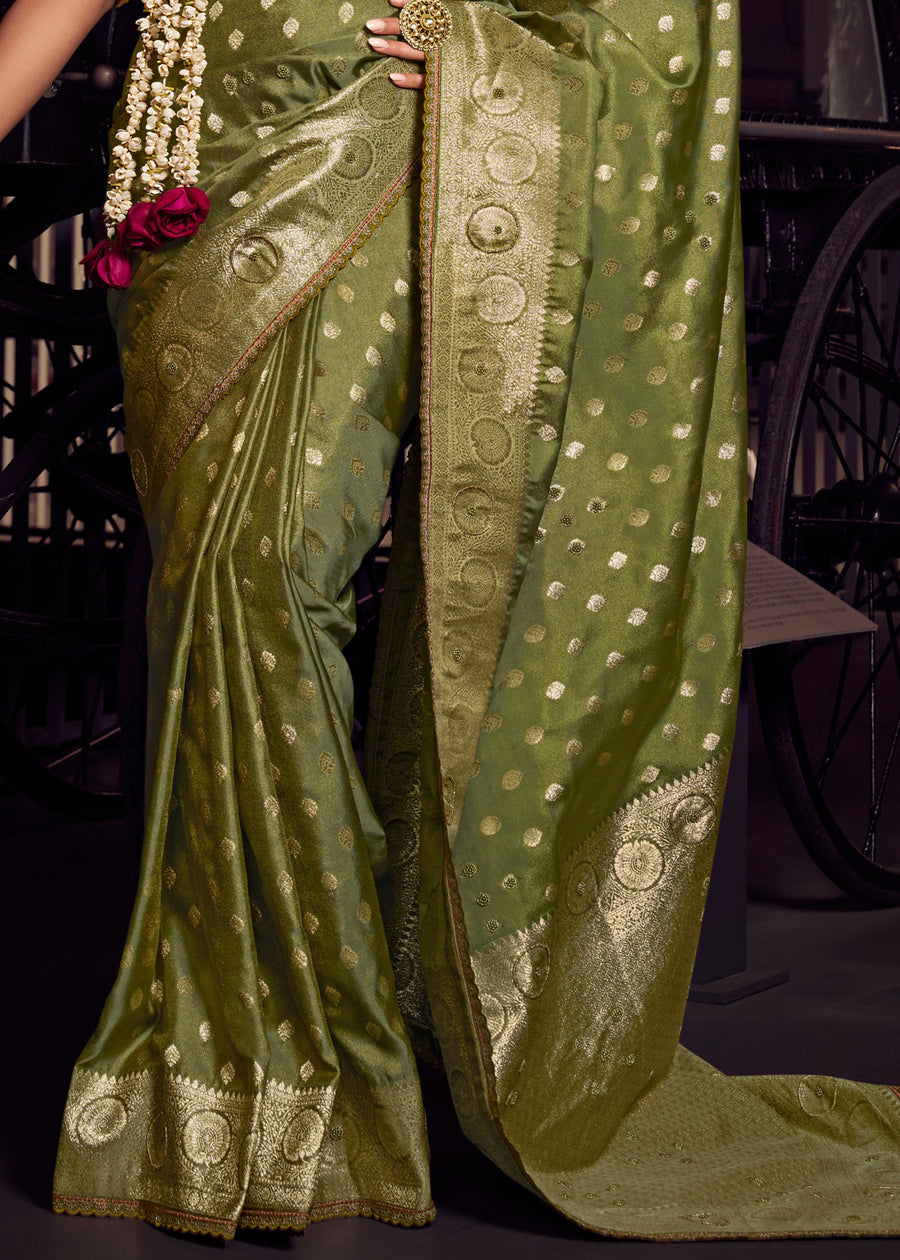 Banarasi Tissue Silk Green Handloom Saree & Contrast Yellow Embroidered Blouse