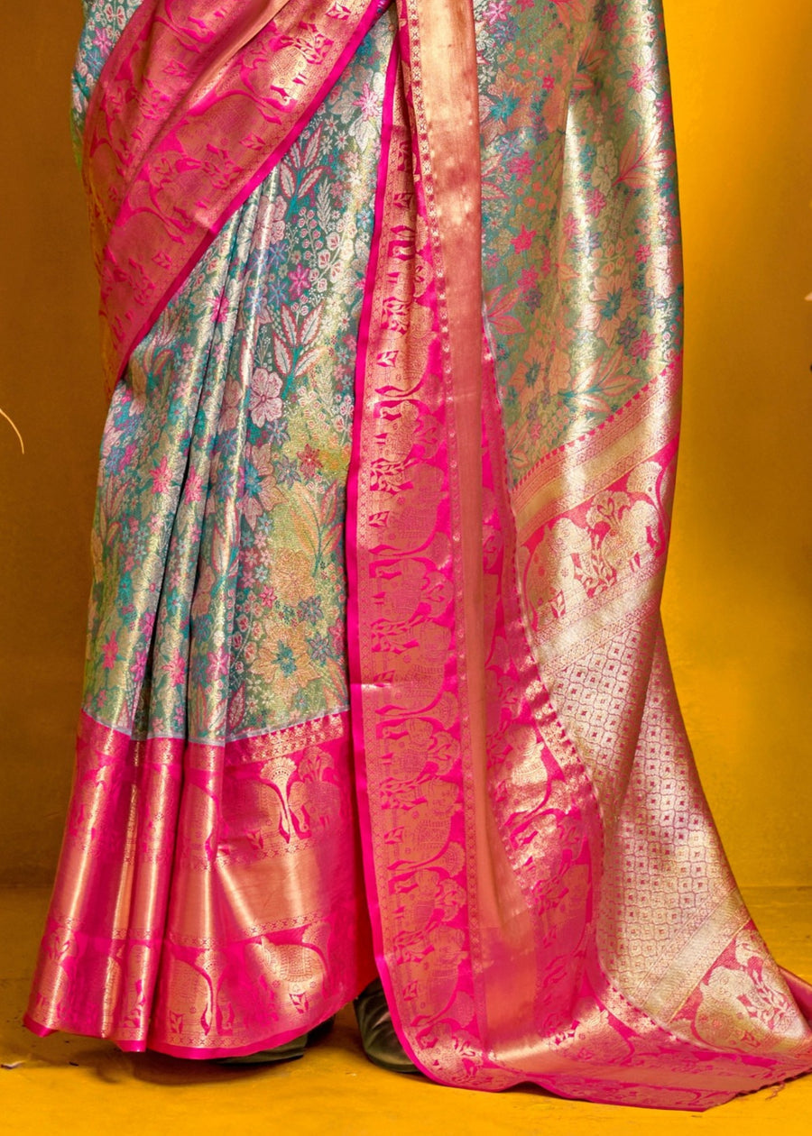 Pastel Blue and Pink Kanjivaram Silk Handloom Saree
