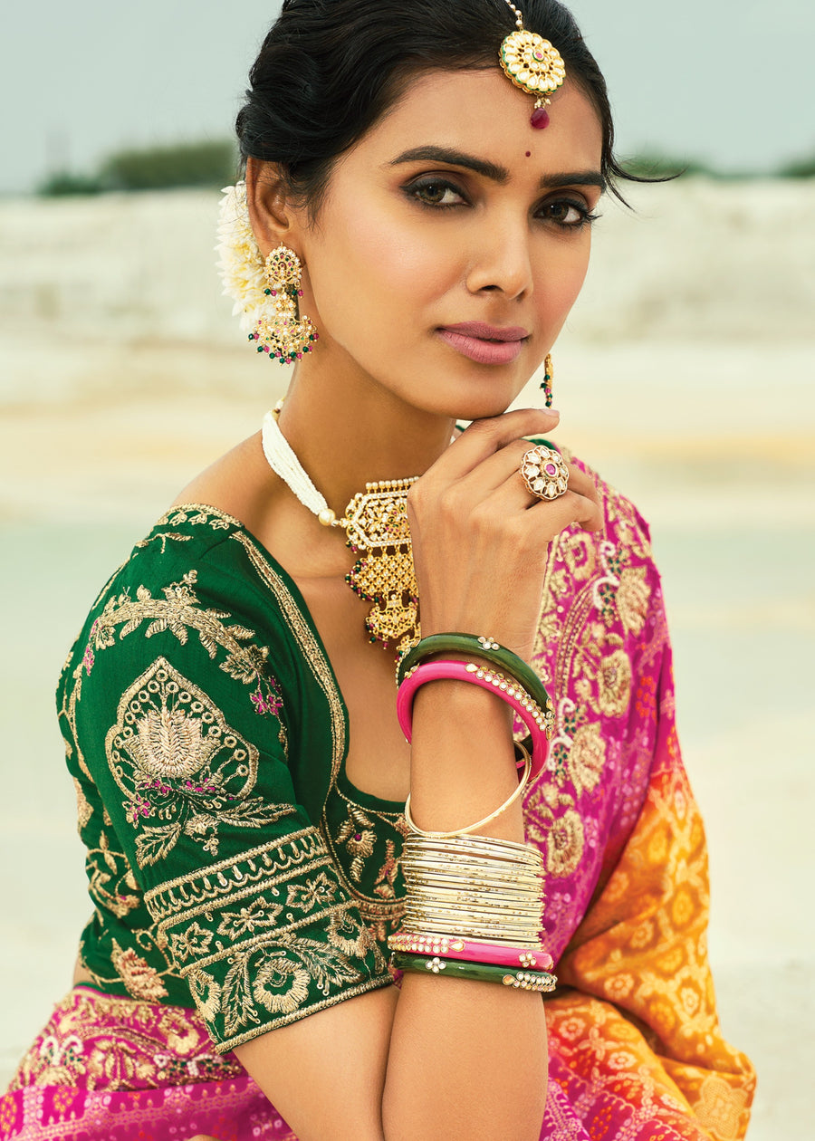Yellow & Pink Khaddi Georgette Embroidered Bandhani Saree with Green Blouse
