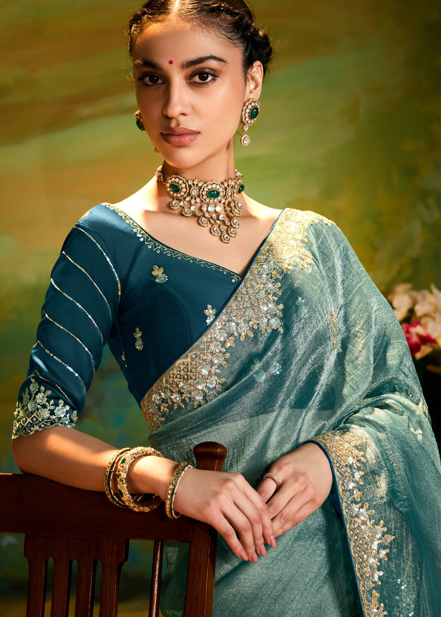 Crushed Satin Tissue Blue Embroidered Saree & Teal Blouse