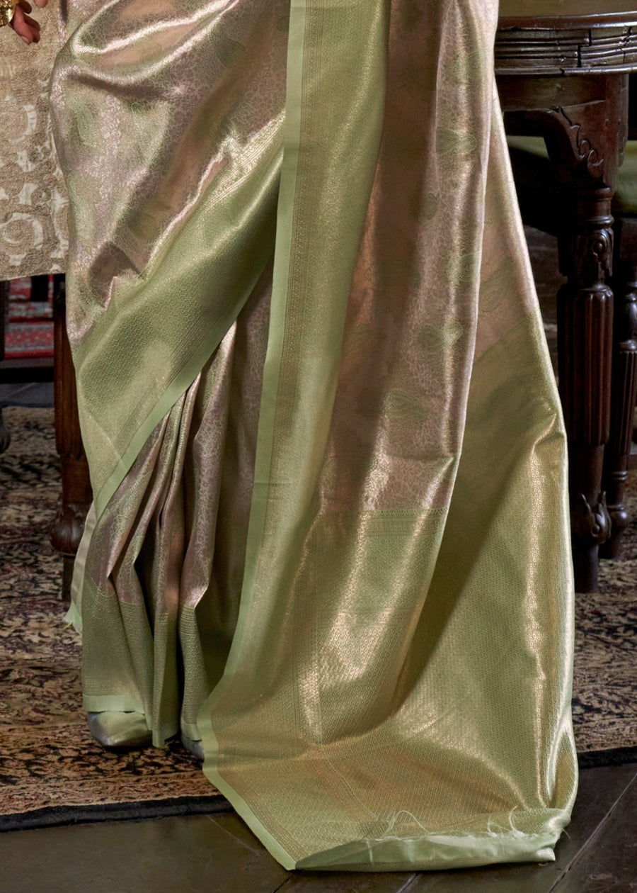 Pista Green & Gold Zari Work Handloom Weaving Kanjivaram Silk Saree