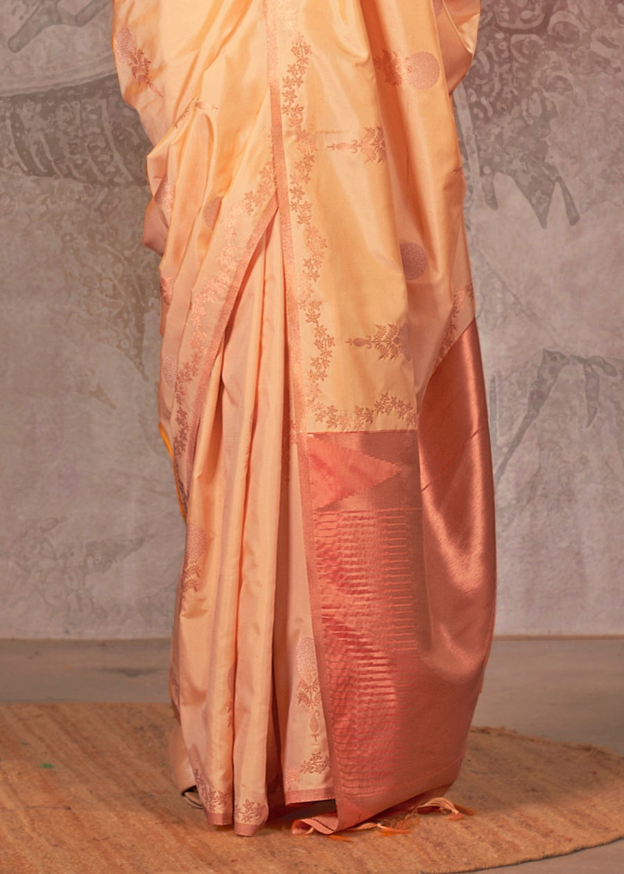 Soft Handloom Banarasi Silk Cream Saree With Contrast Orange Blouse