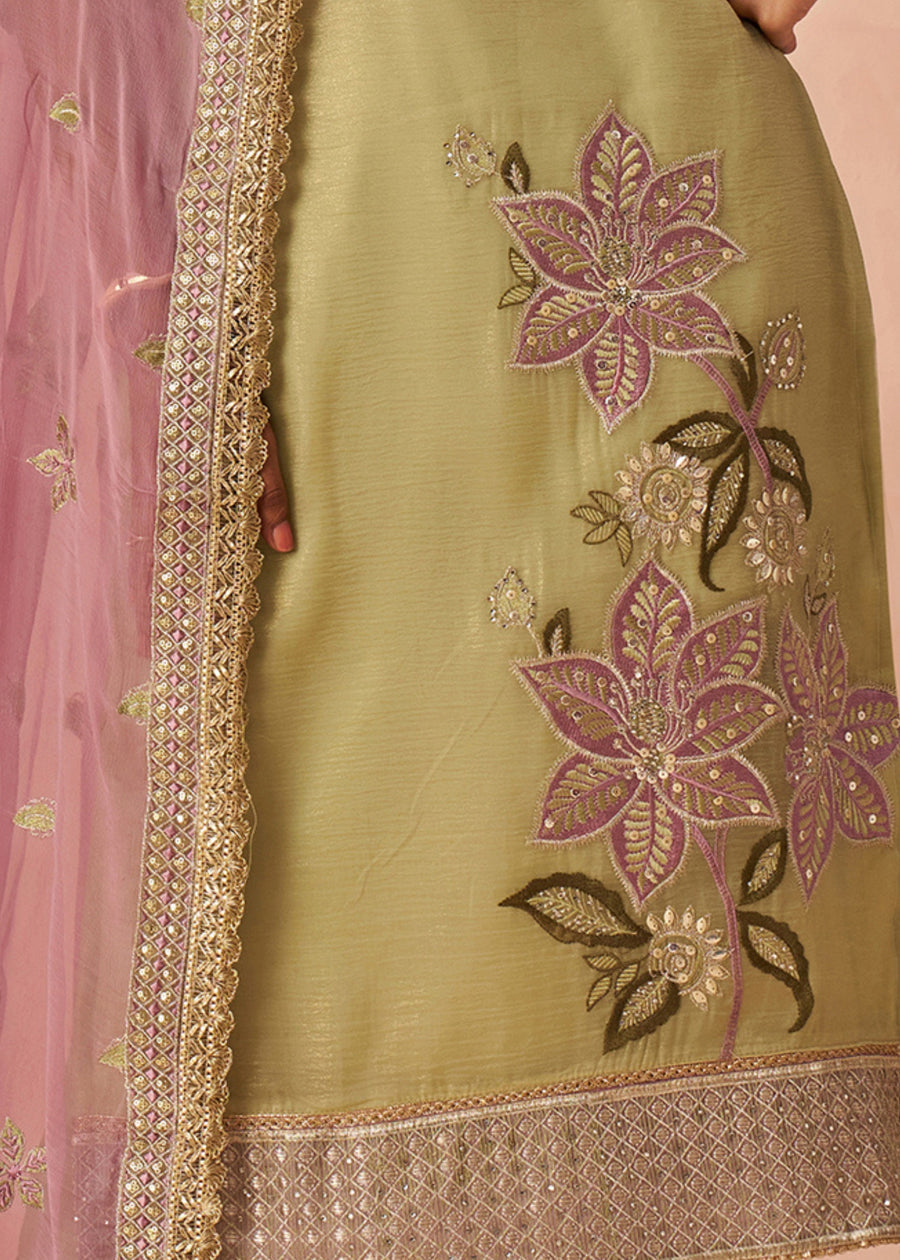 Green Readymade Crushed Silk Pant Style Suit Set