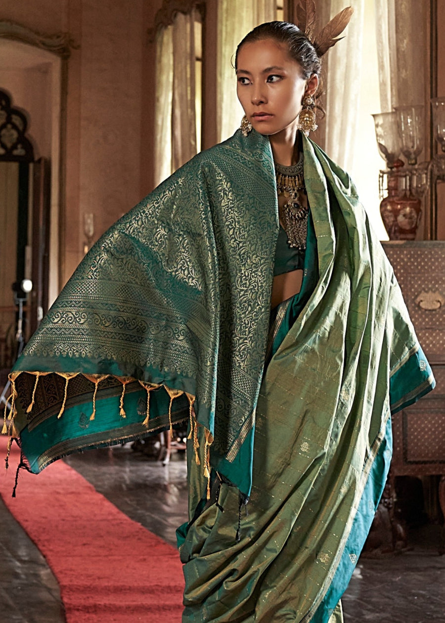 Pure Banarasi Tussar Silk LIght & Dark Green Handloom Saree