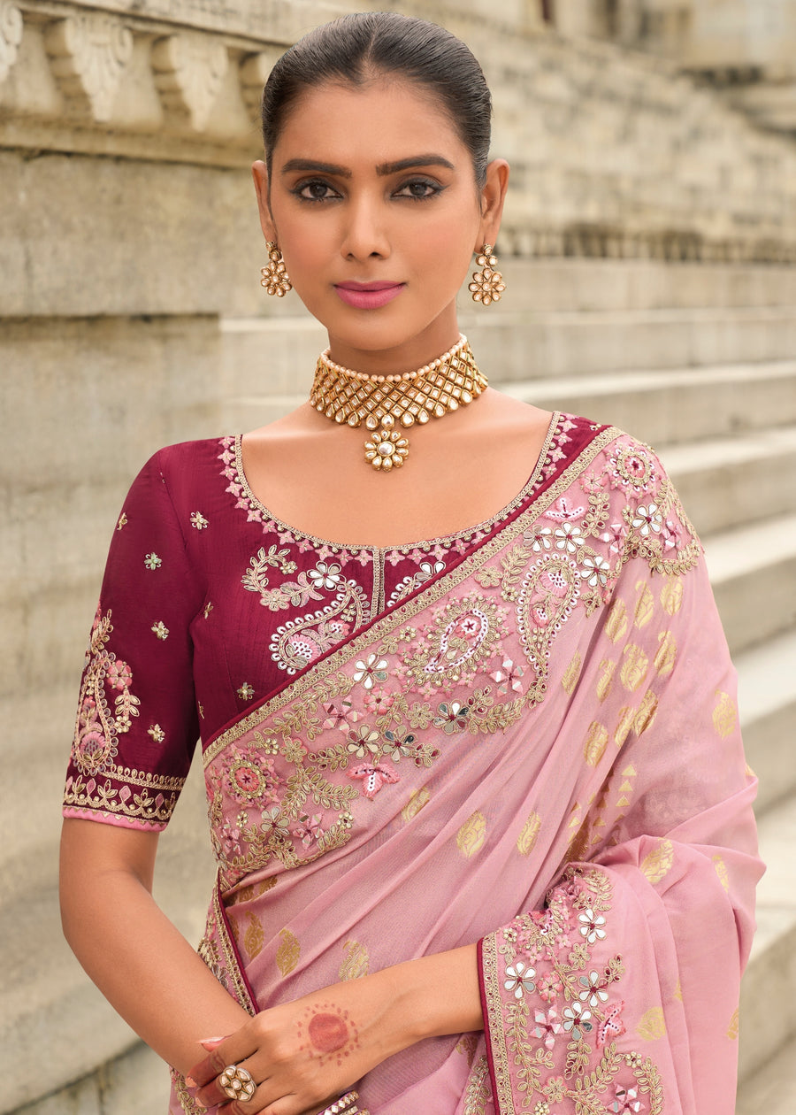 Banarasi Viscose Tissue Silk Pastel Pink Handloom Embroidered Saree With Cut Work Border