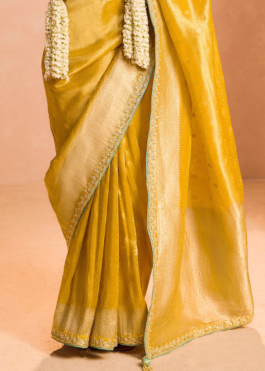 Pure Banarasi Tissue Silk Embroidered Yellow Handloom Saree & Contrast Blue Blouse