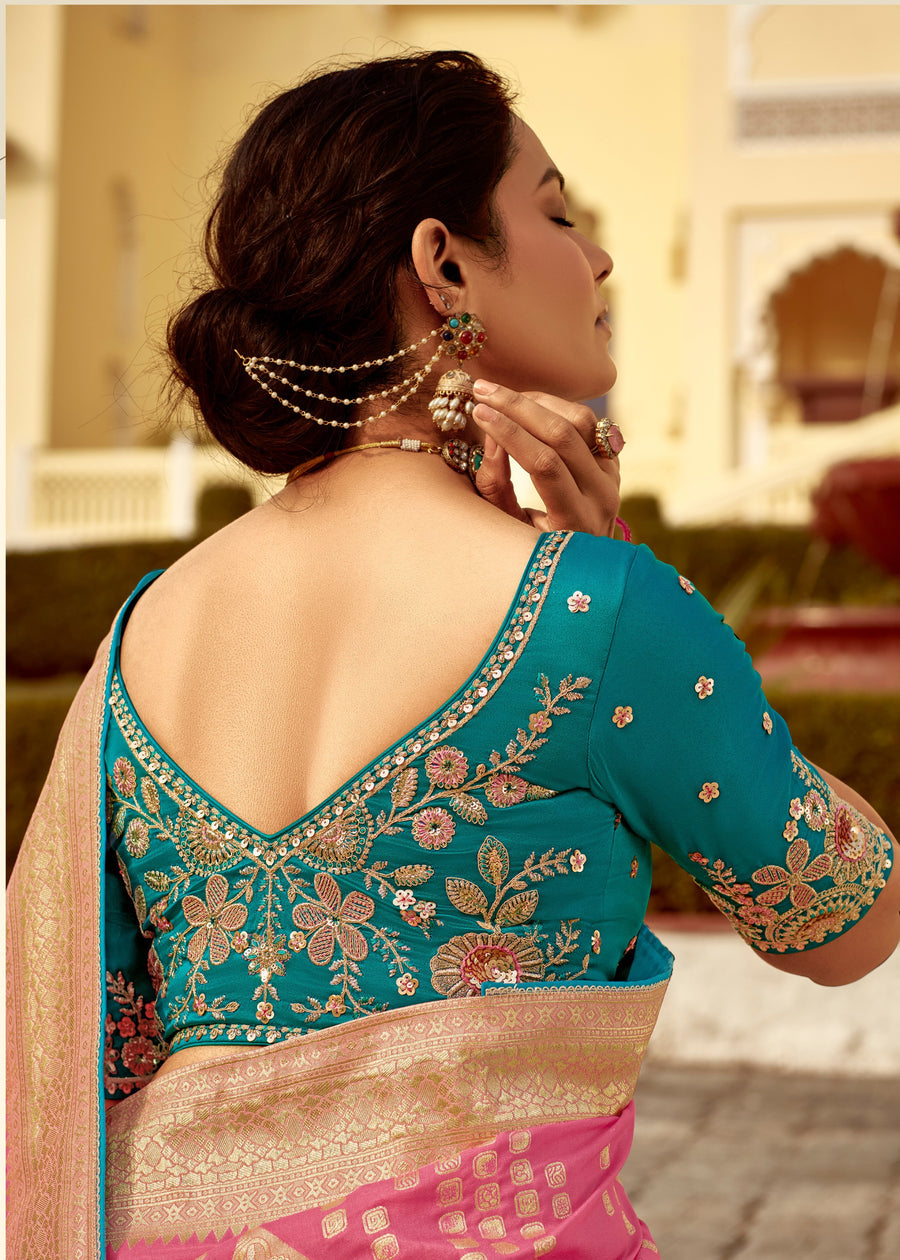 Dola Banarasi Silk Pink Saree With Contrast Blue Embroidered Blouse