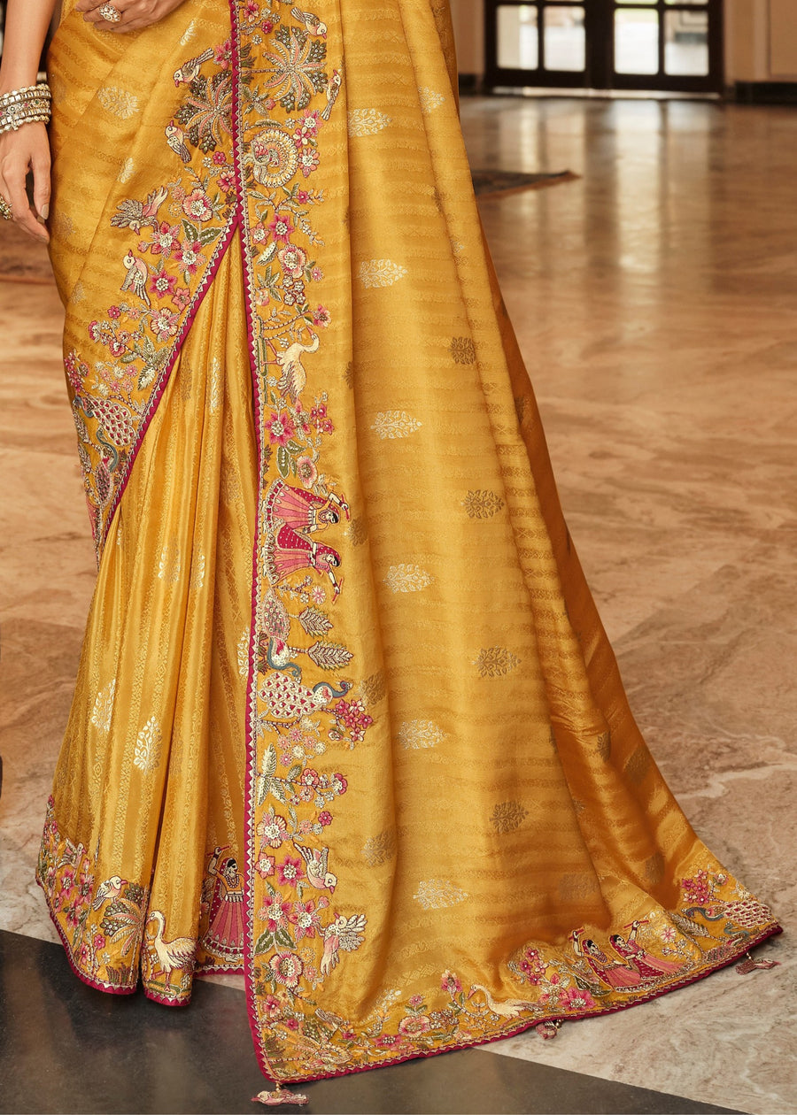Mustard Yellow Soft Banarasi Silk Embroidered Saree & Contrast Red Blouse