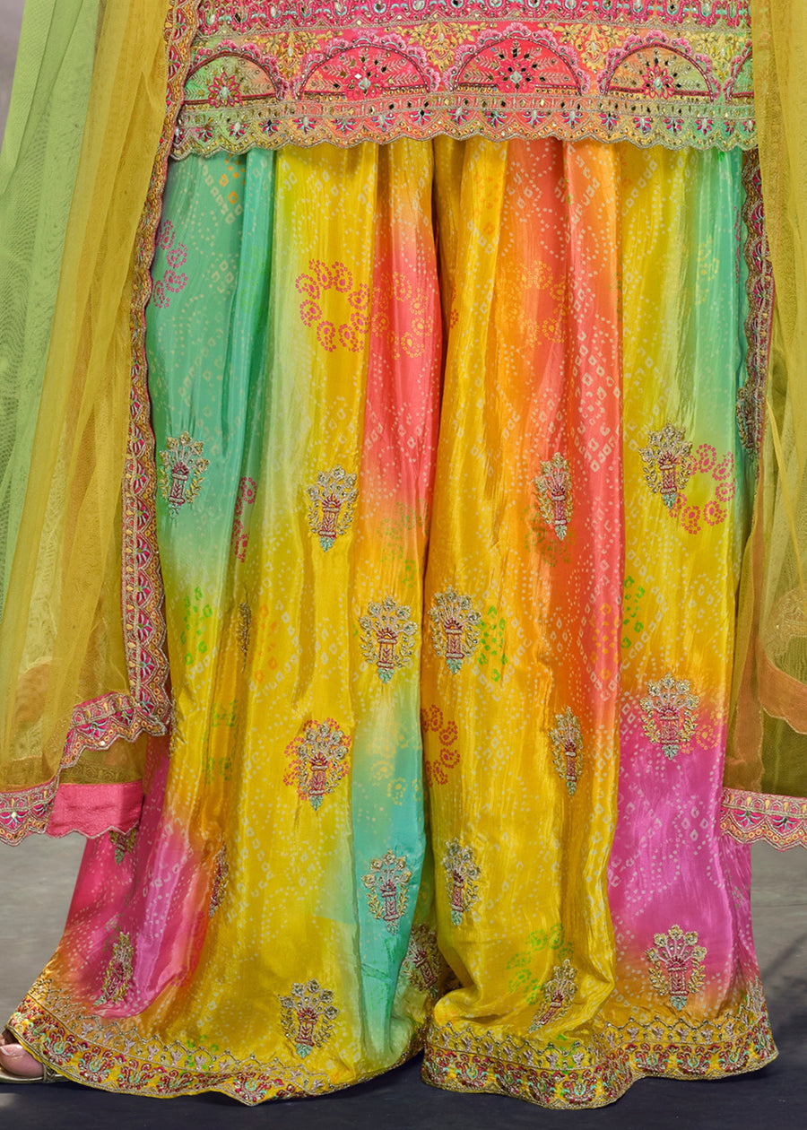 Yellow Multicolor Readymade Chinon Silk Palazzo Suit Set