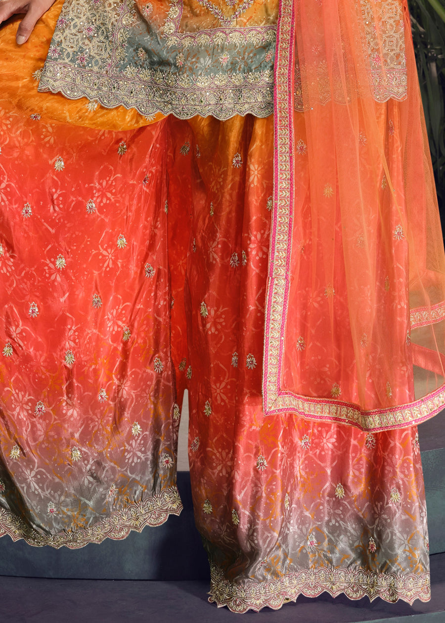 Orange Readymade Ombre Chinon Silk Palazzo Suit Set