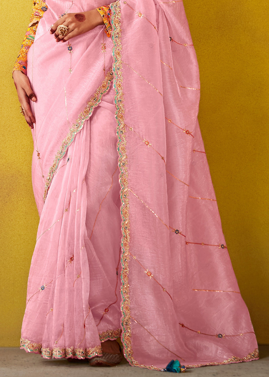 Pastel Pink Glass Tissue Silk Embroidered Saree & Yellow Printed Blouse