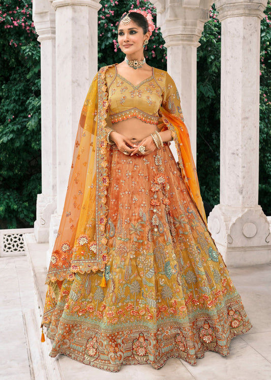 Orange & Yellow Ombre Effect Embroidered Banarasi Silk Lehenga Choli