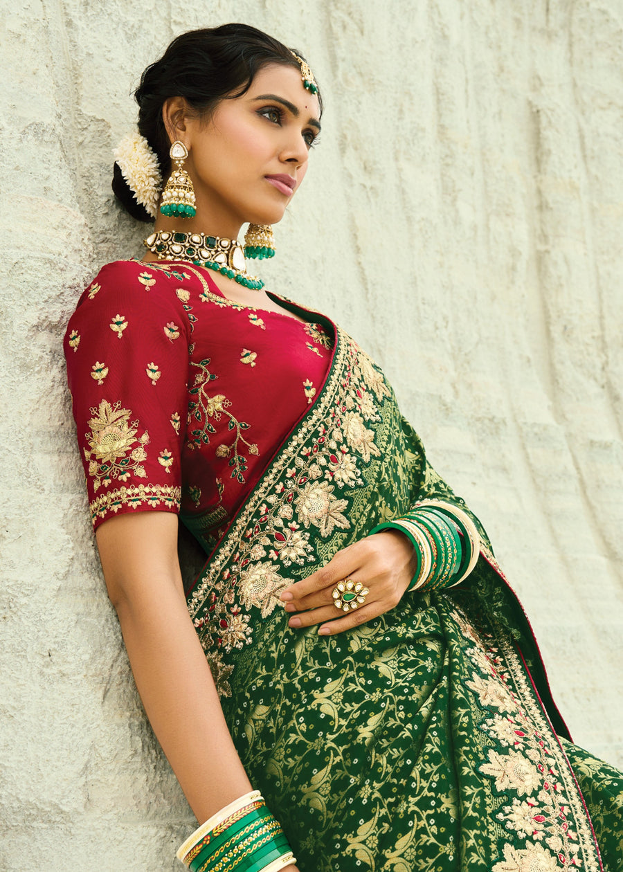 Dark Green Khaddi Georgette Embroidered Bandhani Saree & Red Blouse