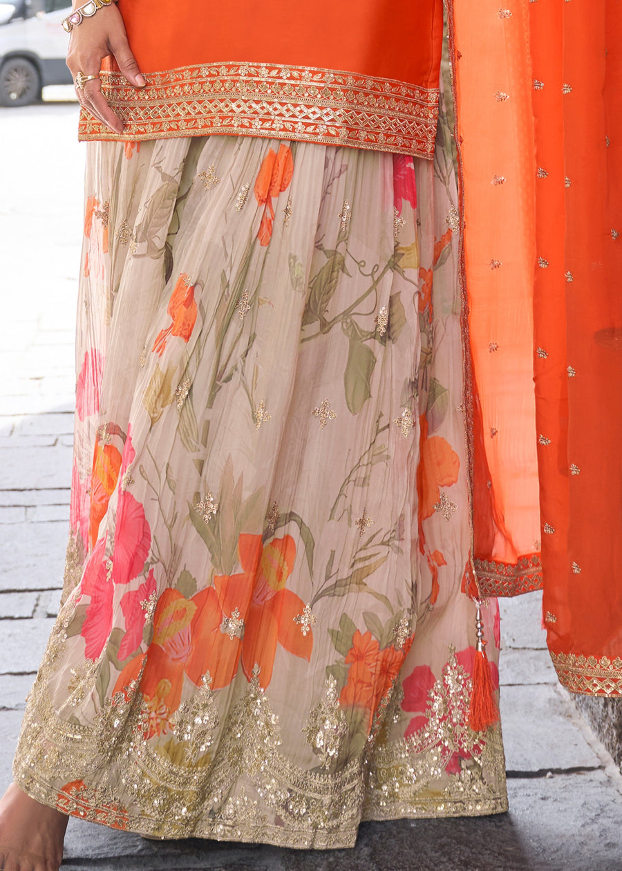 Designer Readymade Orange Chinon Silk Palazzo Suit Set