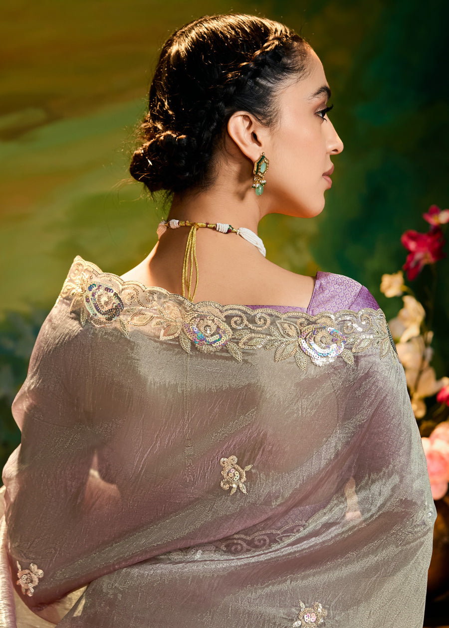 Crushed Satin Tissue Grey Embroidered Saree & Purple Blouse