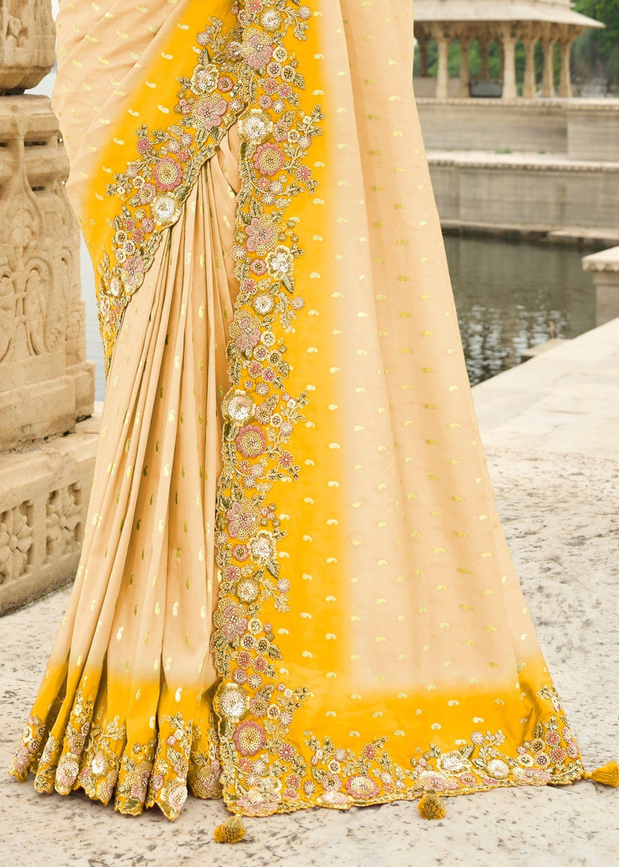 Cream and Yellow Soft Silk Fancy Saree with Embroidery Work