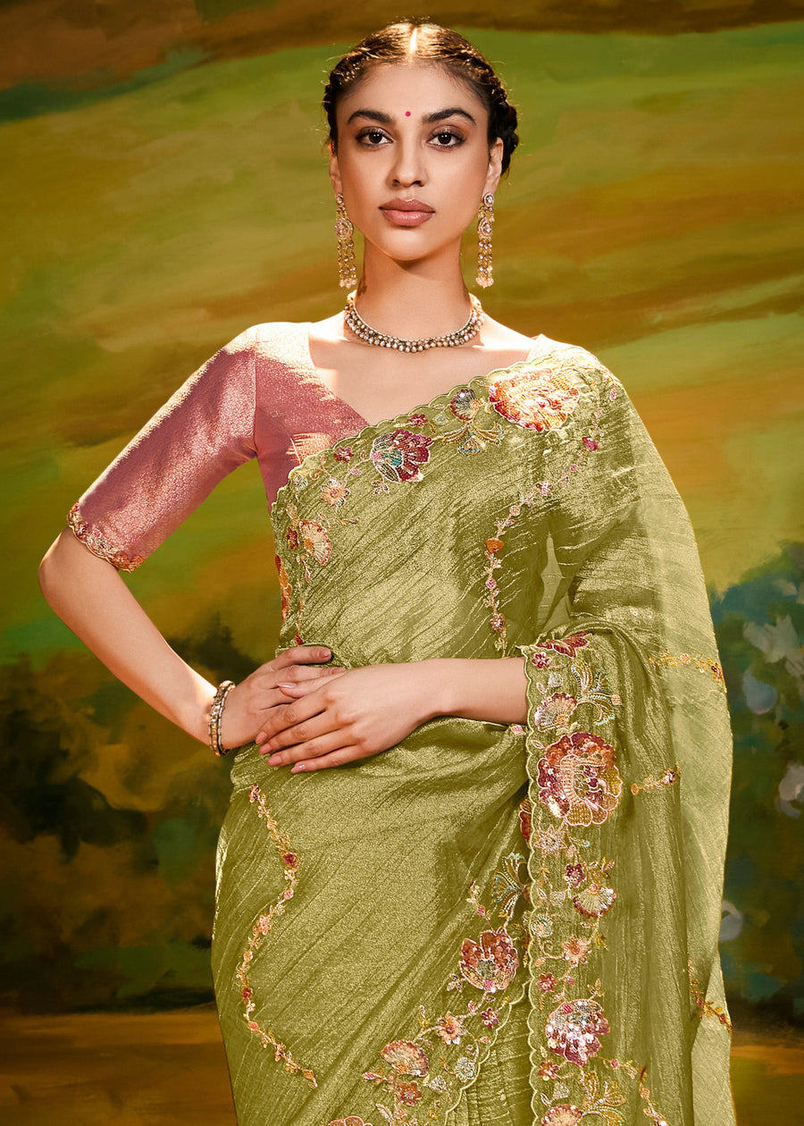 Crushed Satin Tissue Olive Green Embroidered Saree & Pink Banarasi Blouse