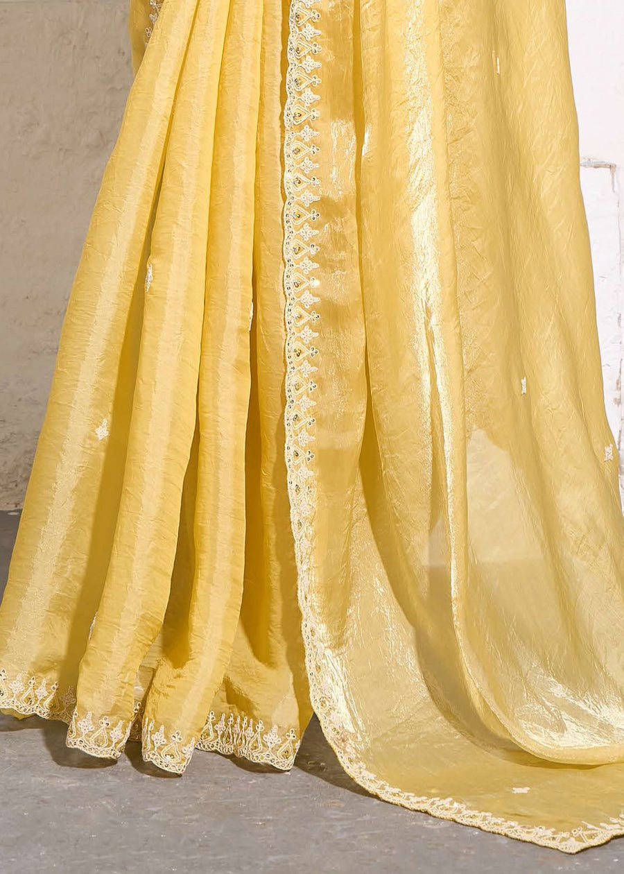 Crushed Tissue Yellow Embroidered Saree & Grey Printed Blouse