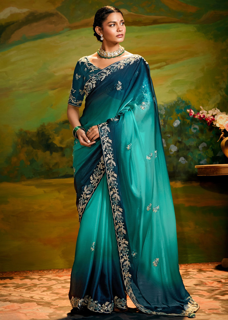 Satin Tissue Teal Blue Ombre Embroidered Saree & Contrast Blouse