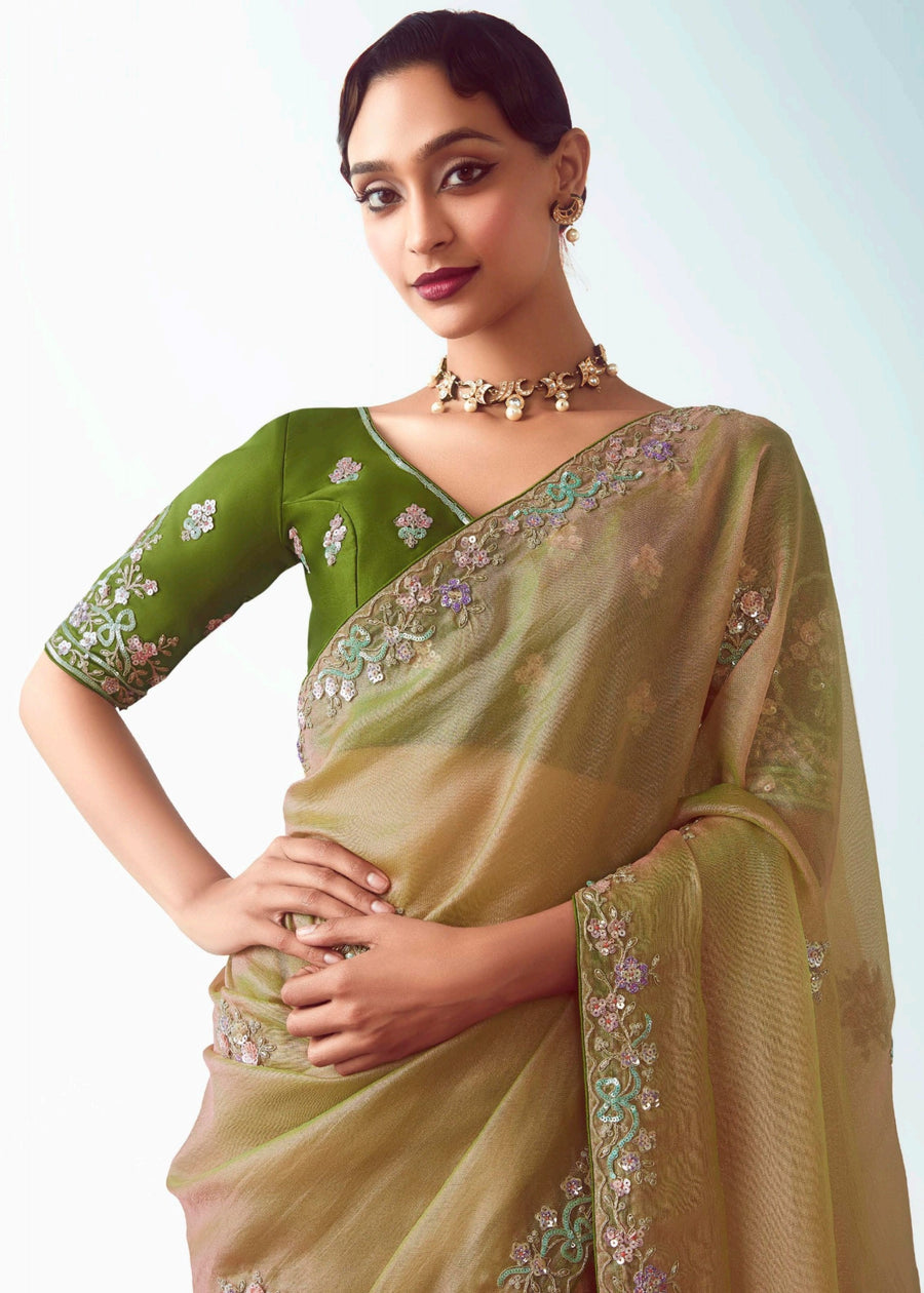 Golden Organza Tissue Silk Embroidered Saree with Contrast Green Blouse