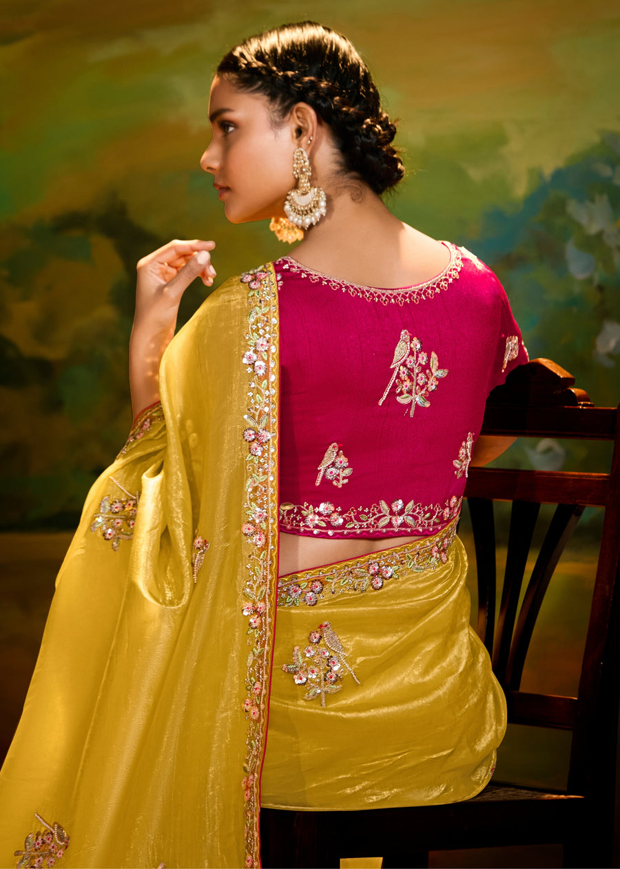 Crushed Satin Tissue Yellow Embroidered Saree & Red Blouse