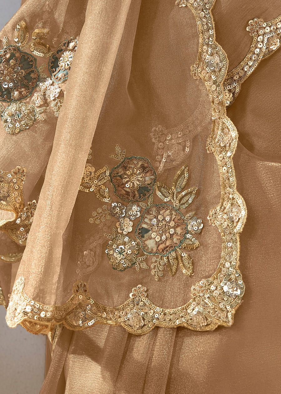 Beige Organza Tissue Silk Embroidered Saree & Green Printed Blouse
