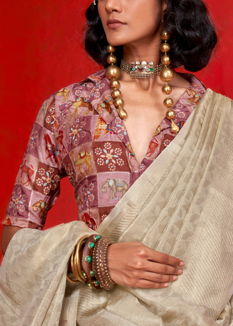 Cream Banarasi Tissue Silk Handloom Saree