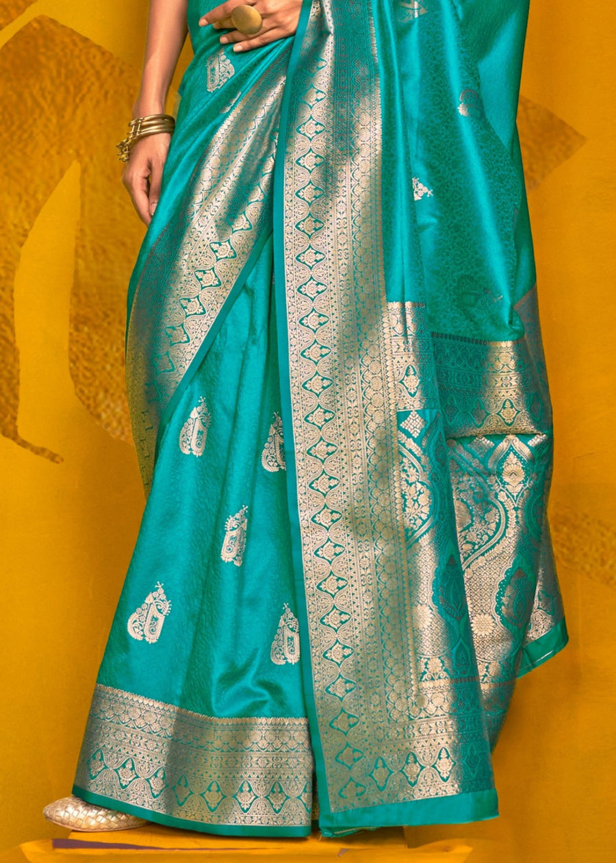 Cyan Blue Banarasi Silk Handloom Weaving Zari Saree