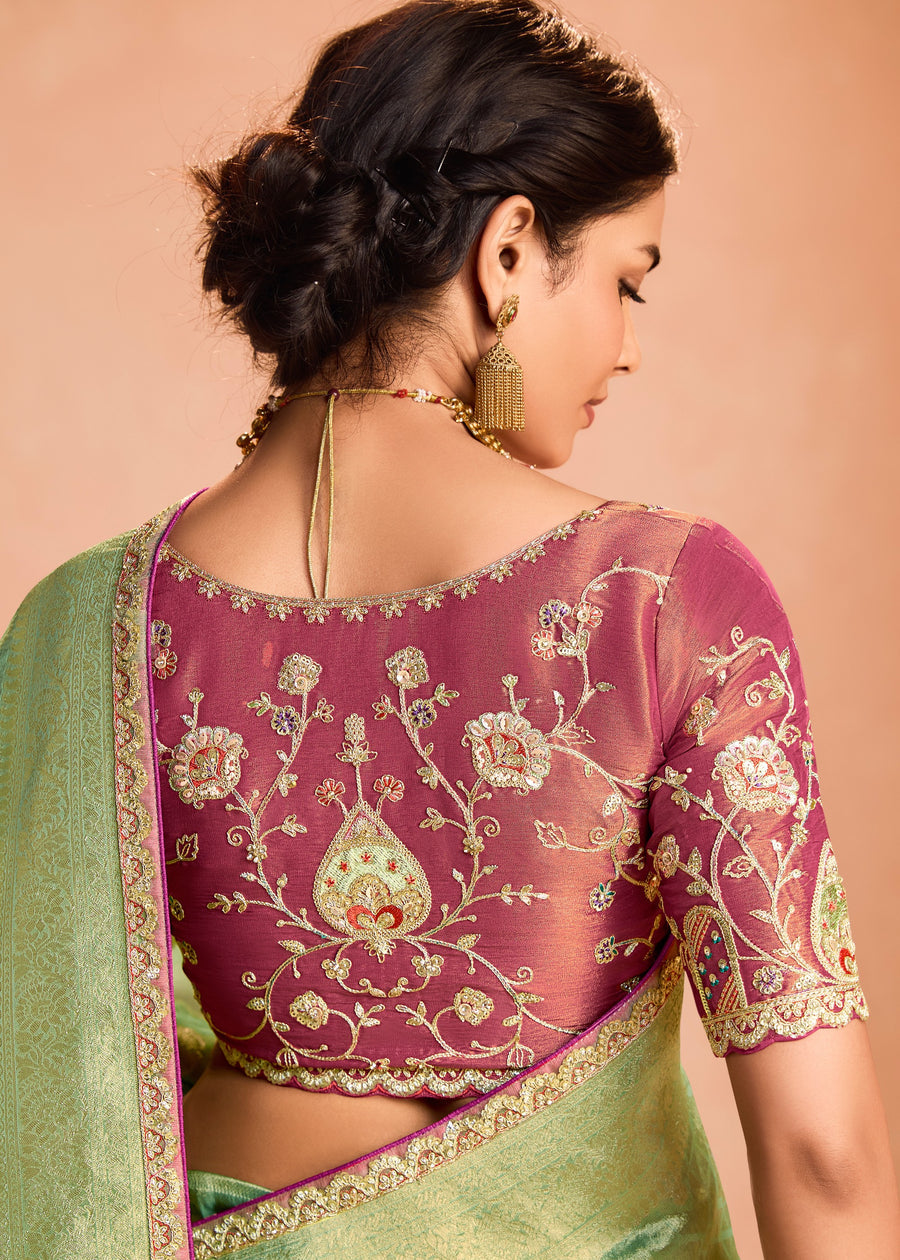 Pure Banarasi Tissue Silk Embroidered Light Green Handloom Saree & Contrast Pink Blouse