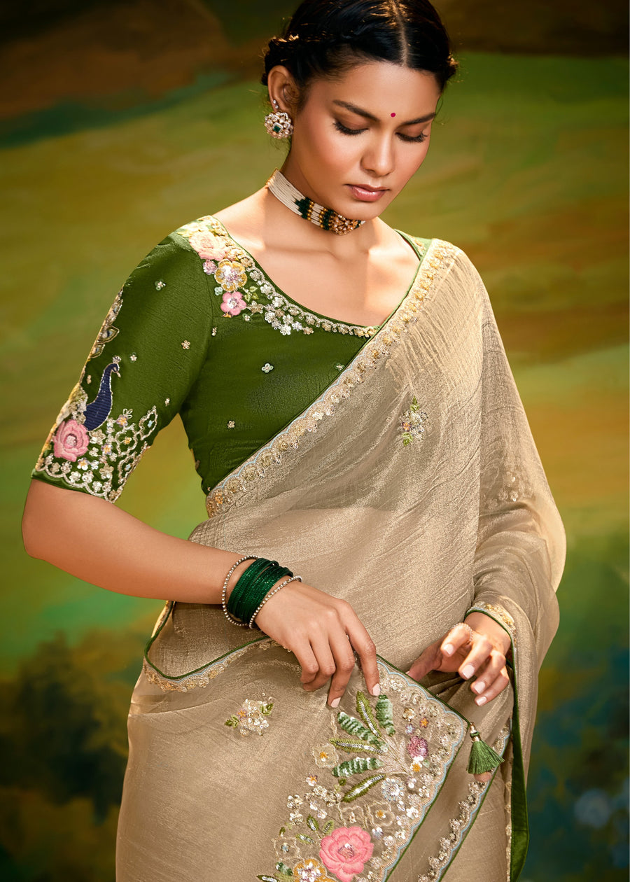 Crushed Satin Tissue Beige Embroidered Saree & Mehendi Green Blouse