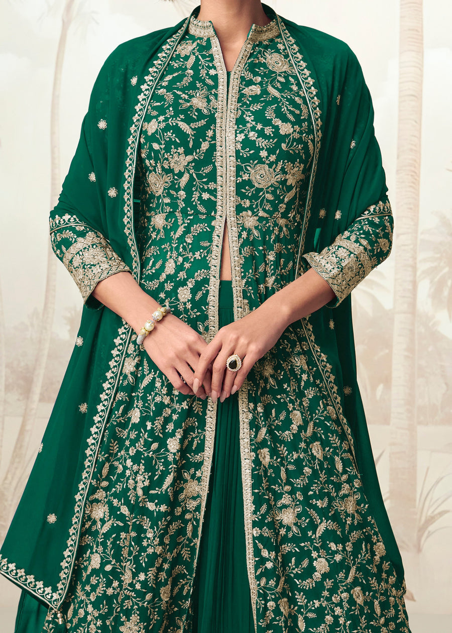 Green Readymade Jacket Style Anarkali Georgette Suit Set
