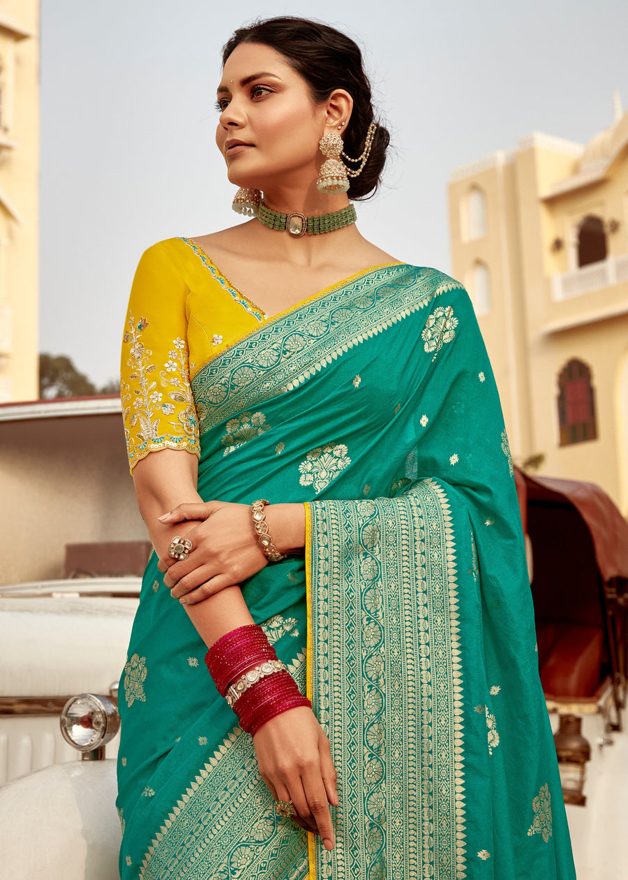 Dola Banarasi Silk Jade Green Saree With Contrast Yellow Embroidered Blouse