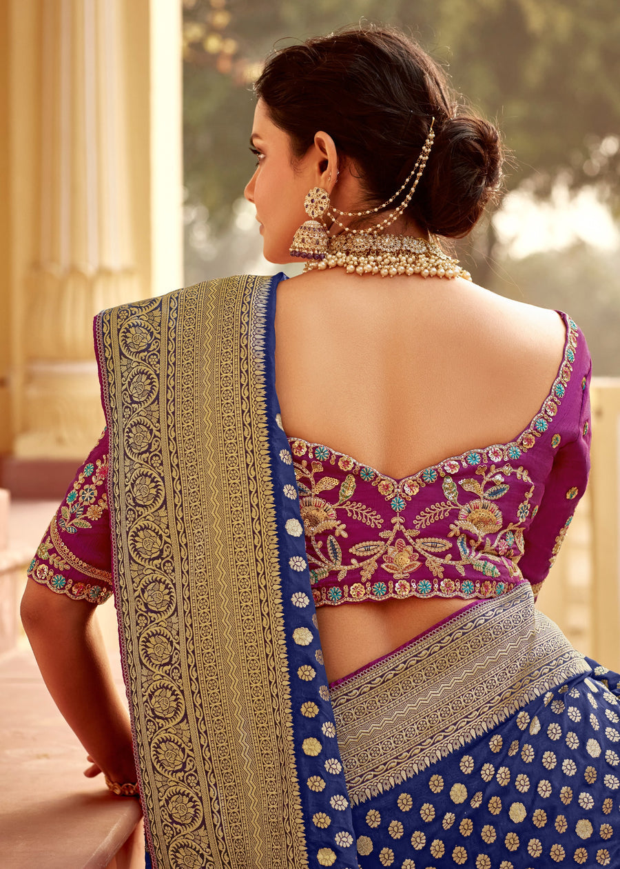 Dola Banarasi Silk Royal Blue Bridal Saree With Contrast Pink Embroidered Blouse