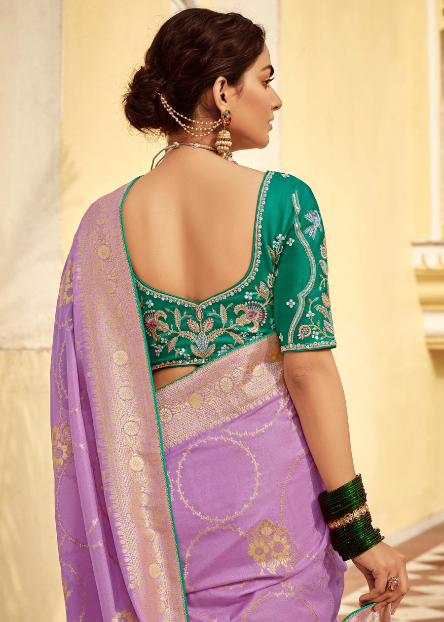Dola Banarasi Silk Purple Saree With Contrast Green Embroidered Blouse