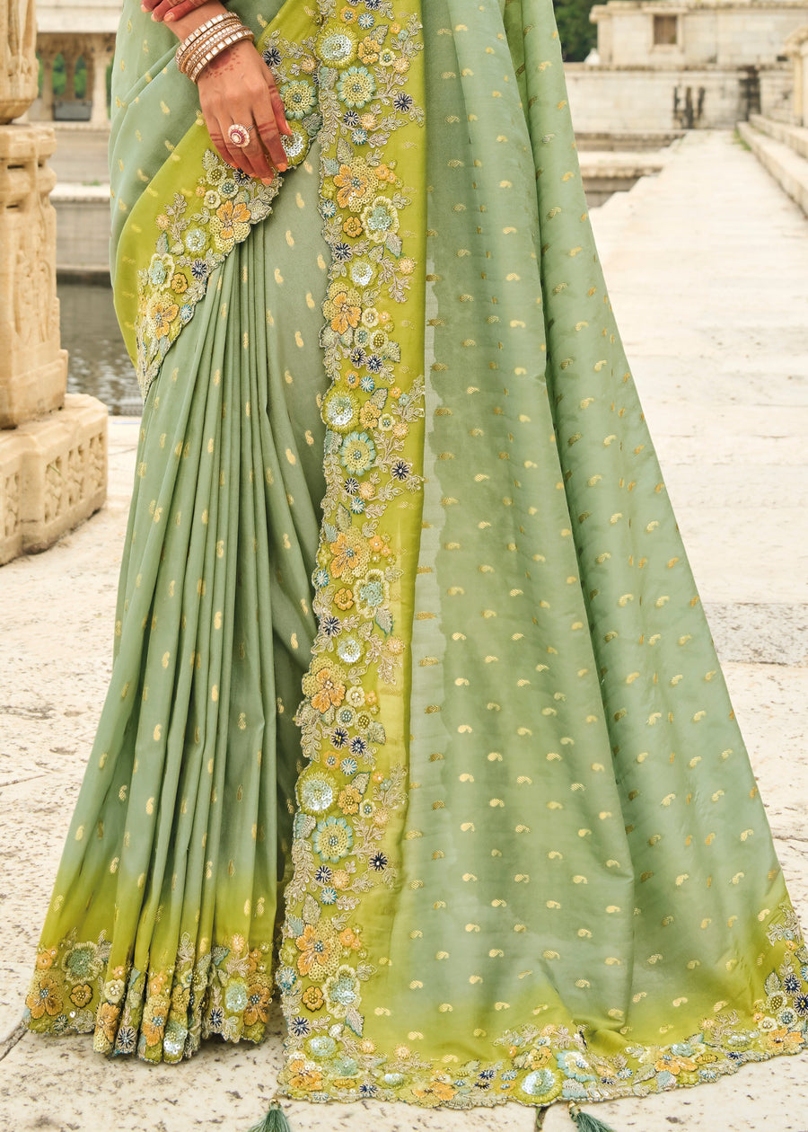 Banarasi Viscose Tissue Silk Pista Green Ombre Handloom Embroidered Saree With Cut Work Border
