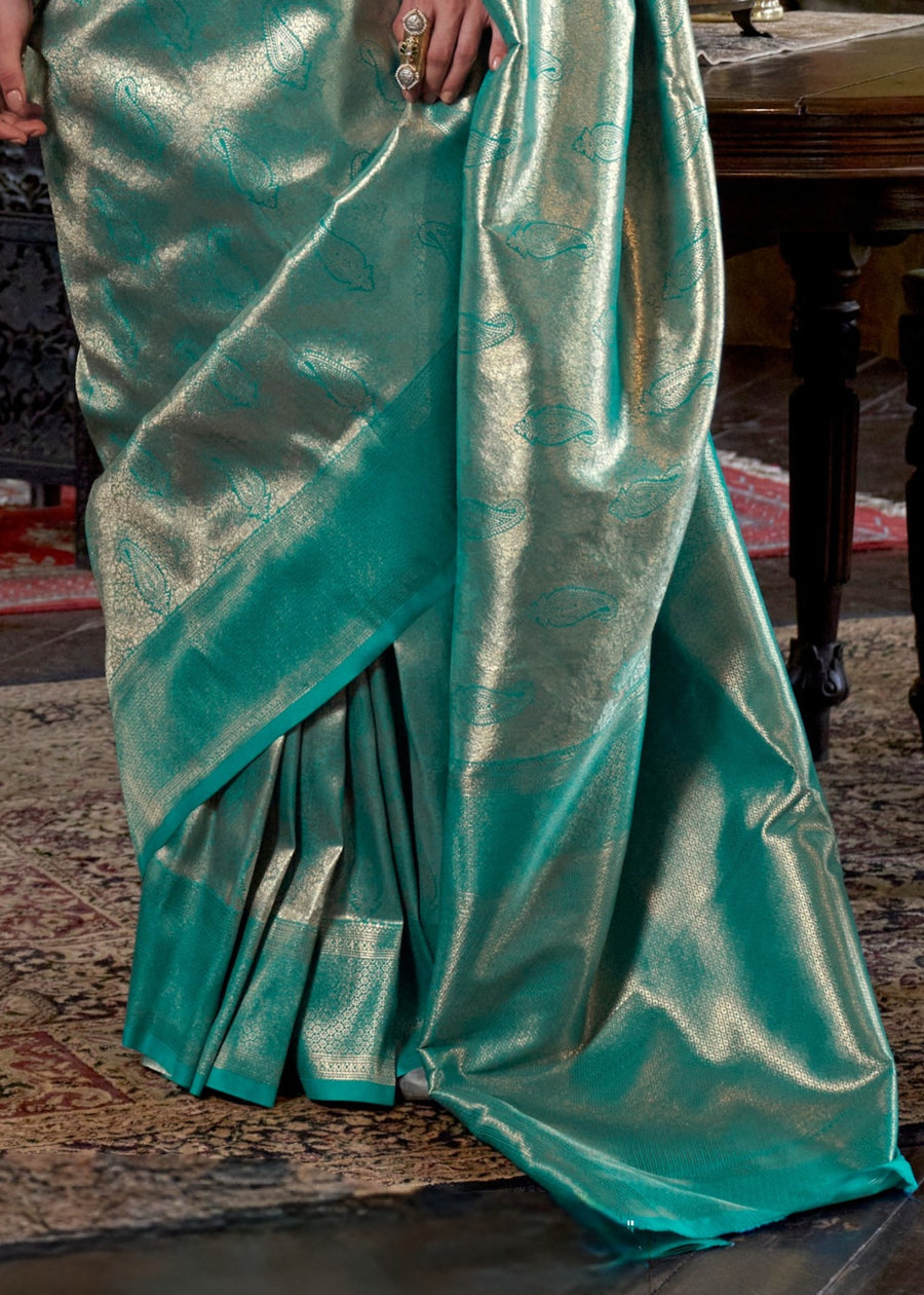 Greenish Blue Zari Work Handloom Weaving Kanjivaram Silk Saree