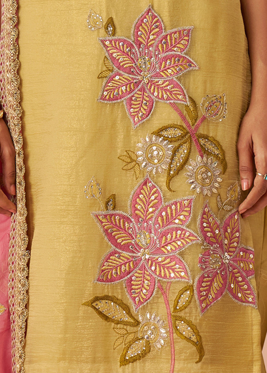 Yellow Readymade Crushed Silk Pant Style Suit Set