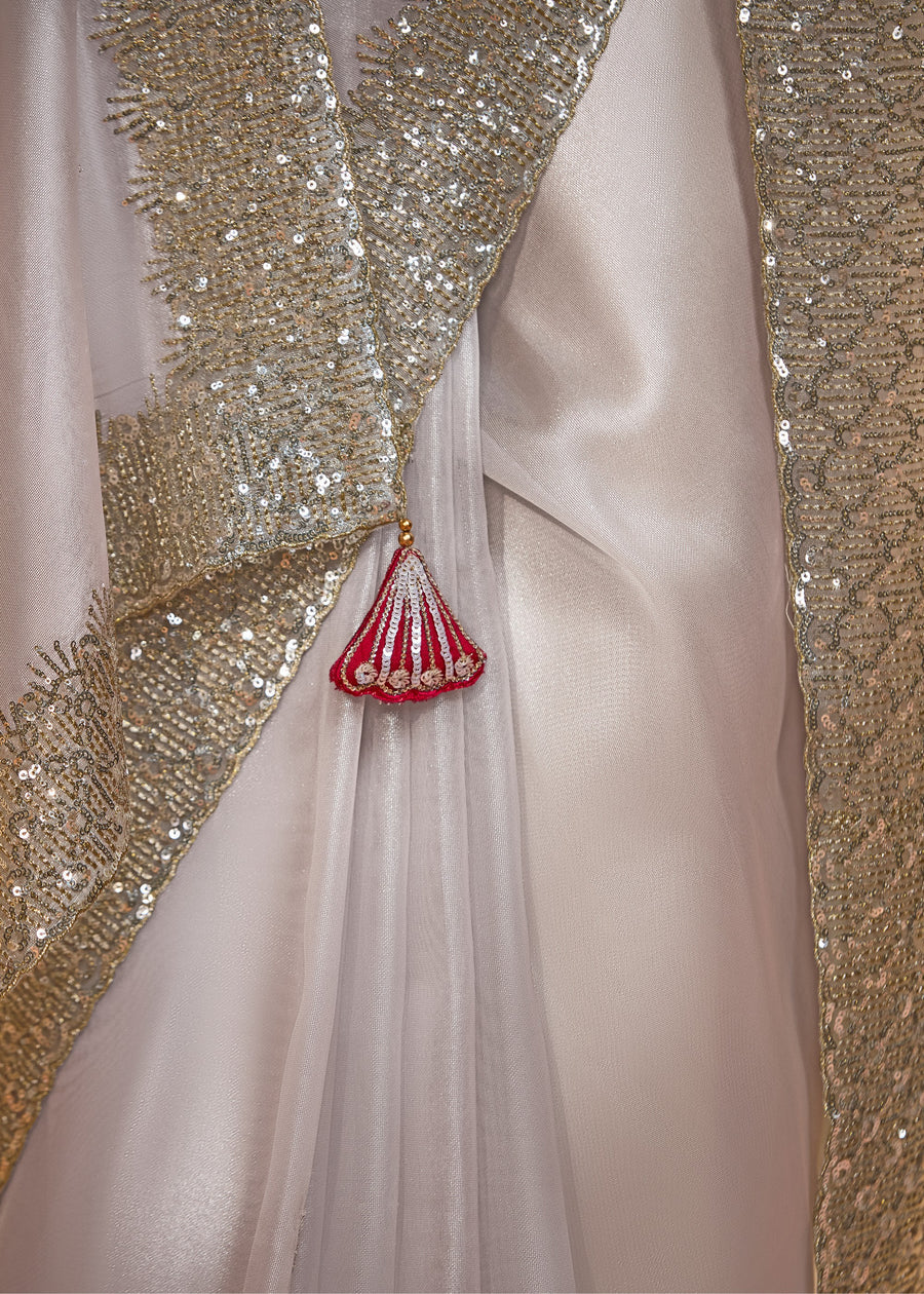 Organza Tissue White Sequins Embroidered Saree & Pinkish Red Blouse