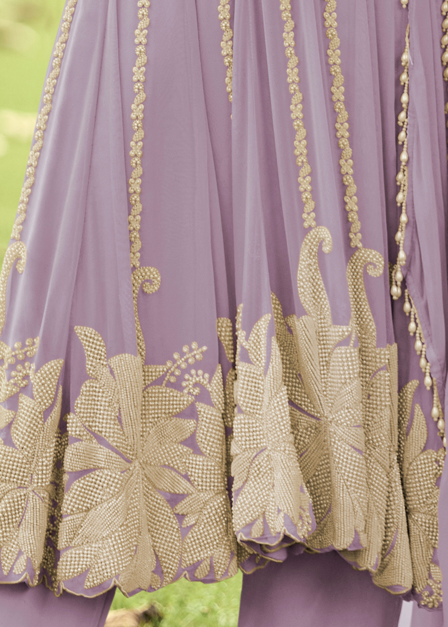 Lavender Purple Georgette Anarkali Suit Set With Beadwork
