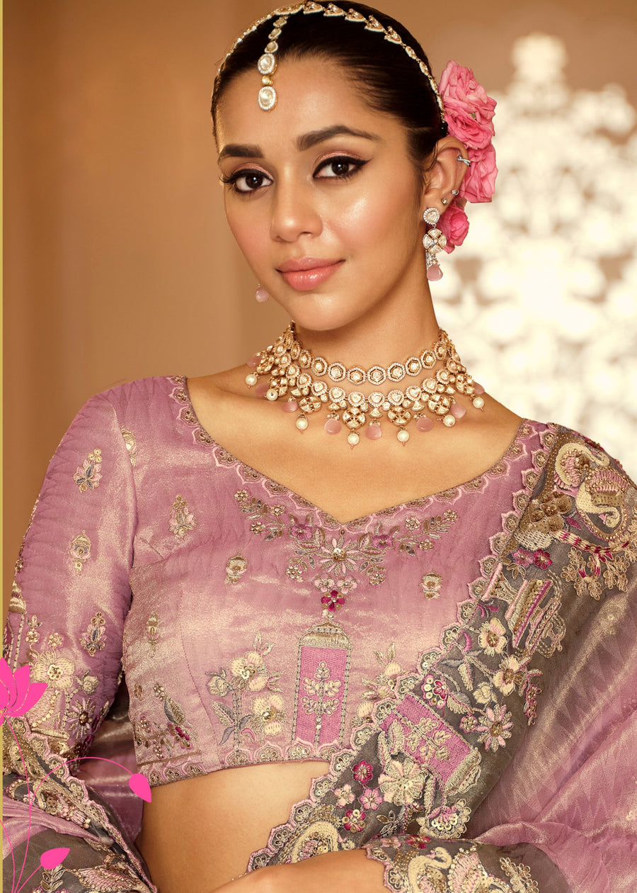 Pastel Pink Soft Banarasi Silk Embroidered Saree