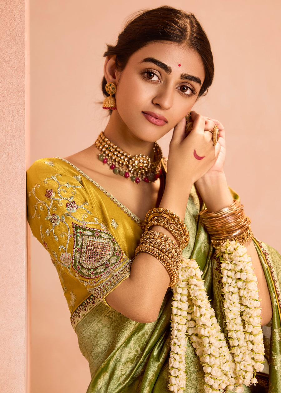 Pure Banarasi Tissue Silk Embroidered Green Handloom Saree & Contrast Yellow Blouse