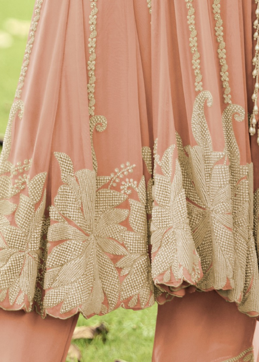 Peachy Pink Georgette Anarkali Suit Set With Beadwork
