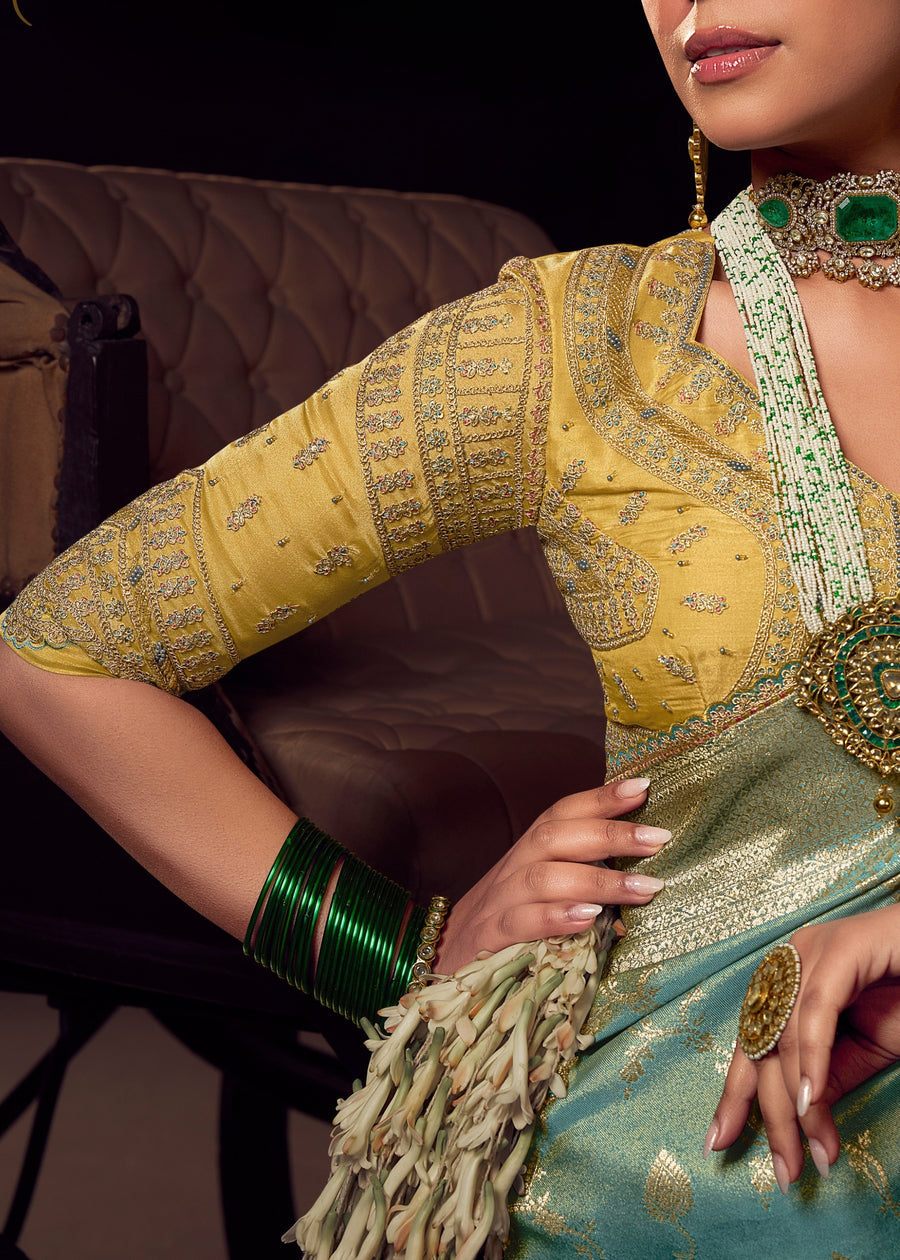 Banarasi Tissue Silk Sky Blue Handloom Saree & Contrast Yellow Embroidered Blouse